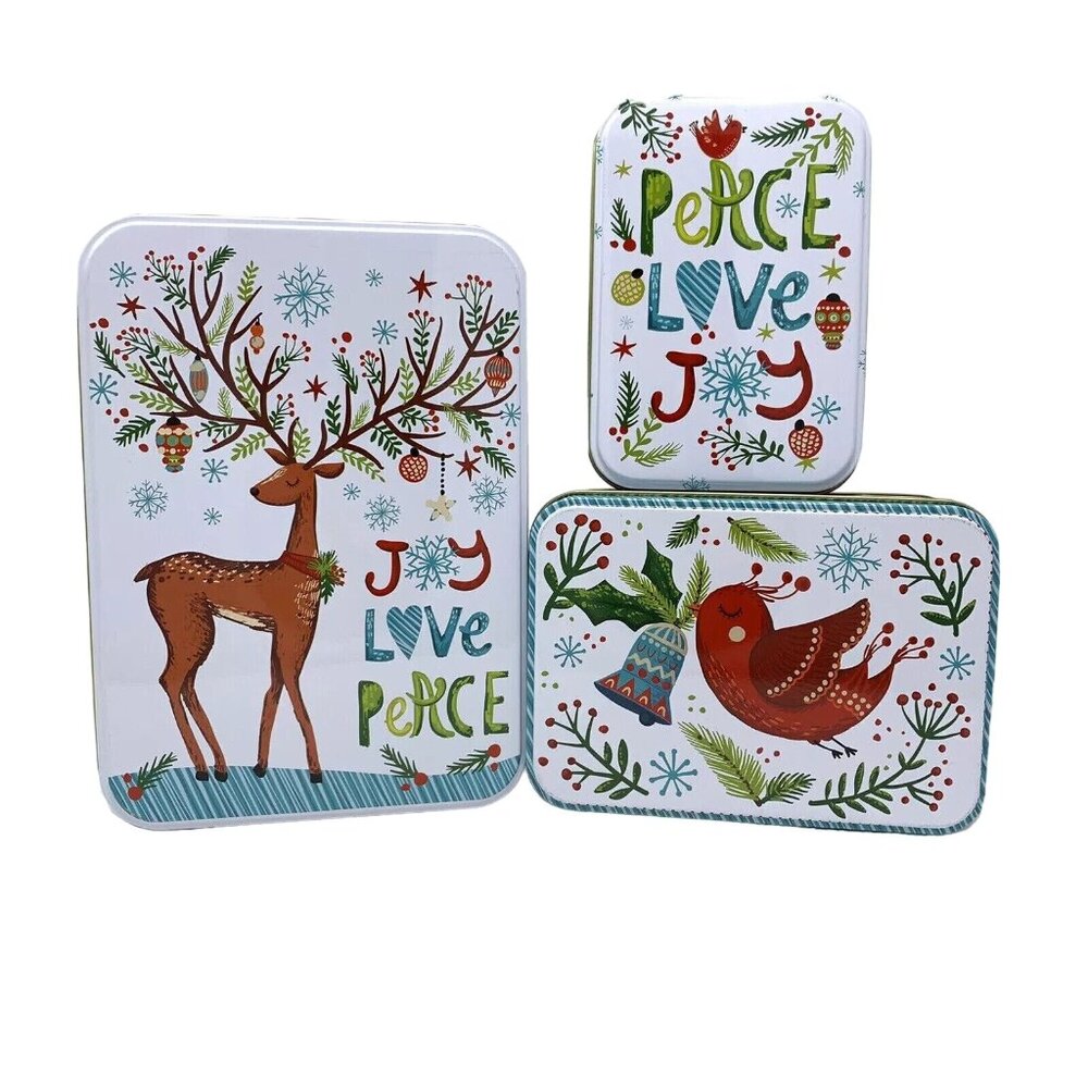 Christmas Cookie Candy Tin Gift Box Set Joy Love Peace Reindeer Cardinal Holiday